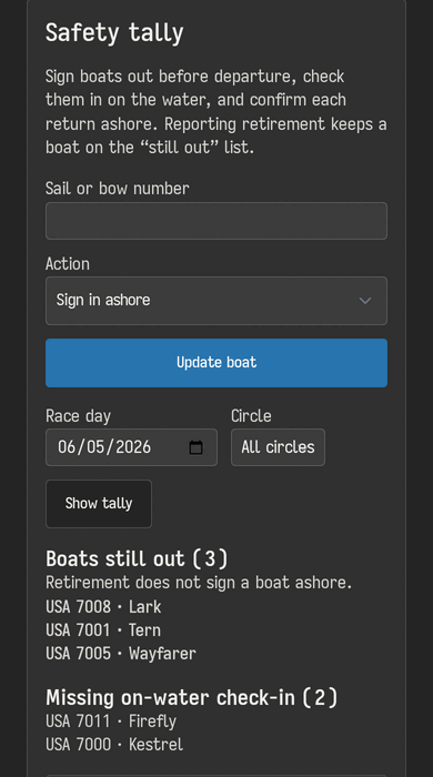The safety tally on a phone: a sail number box with an action to sign a boat out, check it in on the water or sign it in ashore, the race day and circle, and two lists: three boats still out and two boats missing their on-water check-in.