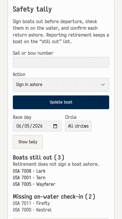 The safety tally on a phone: a sail number box with an action to sign a boat out, check it in on the water or sign it in ashore, the race day and circle, and two lists: three boats still out and two boats missing their on-water check-in.