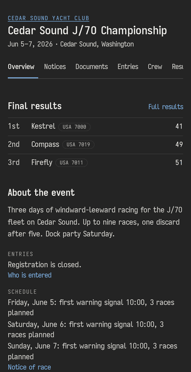 The Cedar Sound J/70 Championship's page on a phone: the club, dates and venue, tabs for every page, the final results with Kestrel, Compass and Firefly first to third and their points, then the event description, registration closed, and the three days' schedule with first warning at 10:00.
