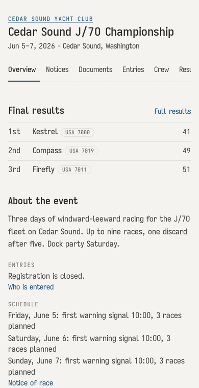 The Cedar Sound J/70 Championship's page on a phone: the club, dates and venue, tabs for every page, the final results with Kestrel, Compass and Firefly first to third and their points, then the event description, registration closed, and the three days' schedule with first warning at 10:00.