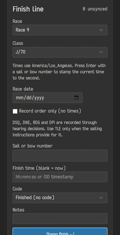 The finish line console on a phone for race 9: race, date and order-only controls, a large sail or bow number box, where to insert the finish, a code that defaults to finished, notes, and a full-width record button with undo and bulk paste below it.