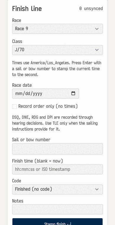 The finish line console on a phone for race 9: race, date and order-only controls, a large sail or bow number box, where to insert the finish, a code that defaults to finished, notes, and a full-width record button with undo and bulk paste below it.