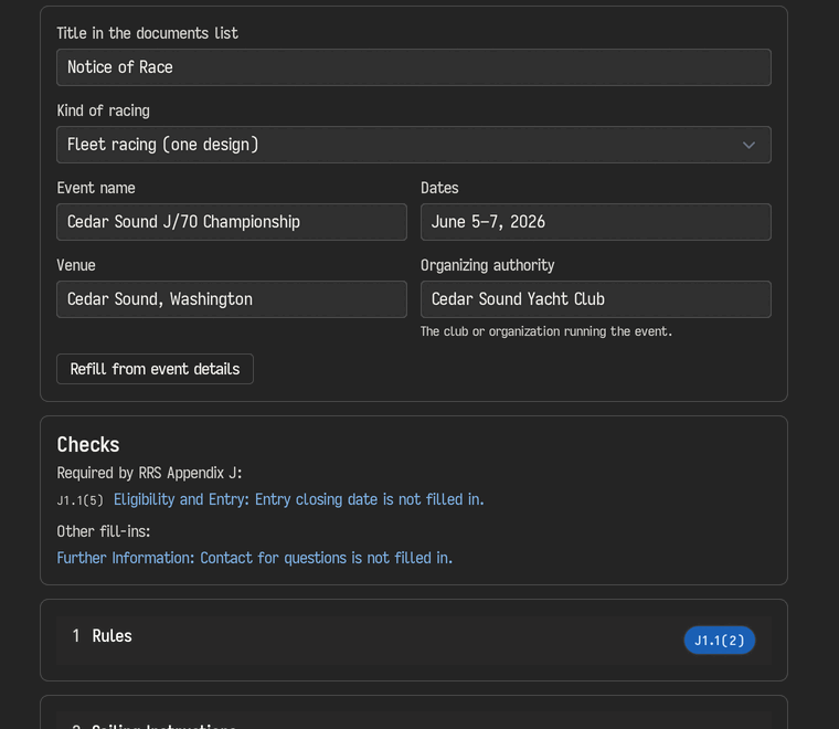 The notice of race generator: the event name, dates, venue and organizing authority filled in from the event, a checks panel listing the entry closing date and a contact as missing, numbered sections, and a print preview of the notice of race.