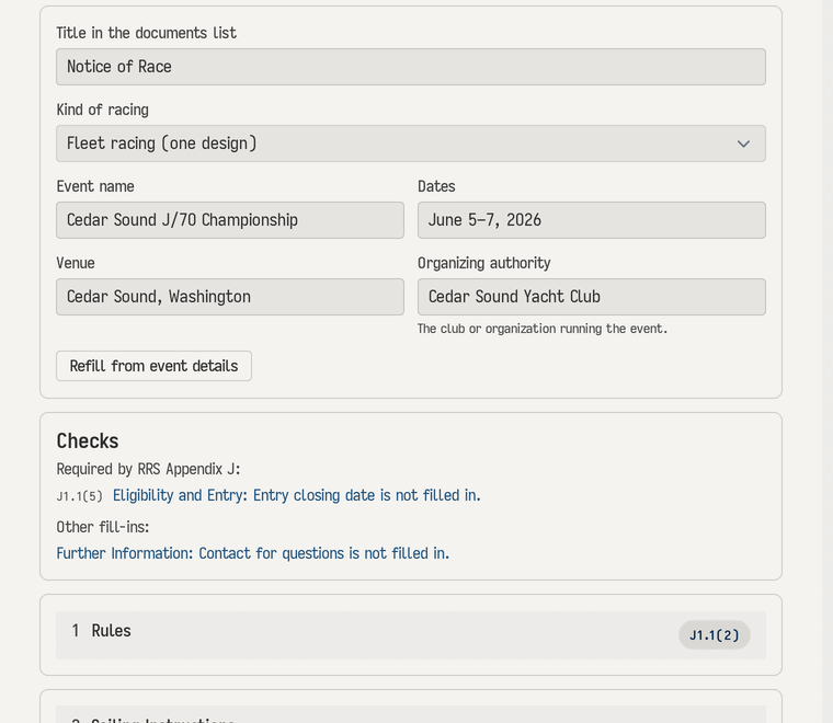 The notice of race generator: the event name, dates, venue and organizing authority filled in from the event, a checks panel listing the entry closing date and a contact as missing, numbered sections, and a print preview of the notice of race.